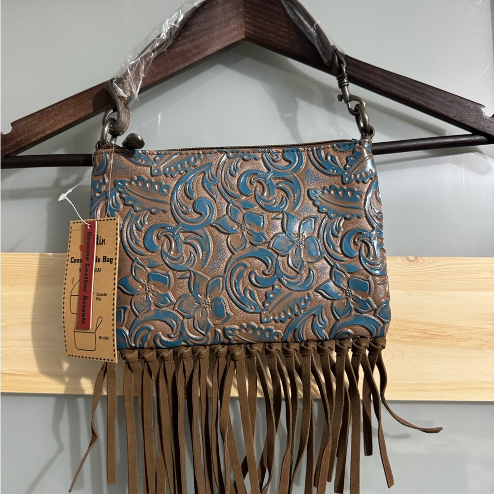 Justin / Brown and Blue Embossed Fringe Bag